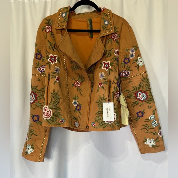 Aratta NWT rhinestone zip up motorcycle blazer Embroidered Floral Tan Jacket - Picture 5 of 7